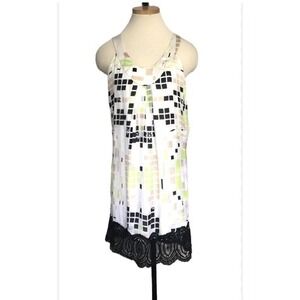 Women's Poleci Silk Tank Dress Sleeveless Lace Trim Square Pattern Dressy Size 8